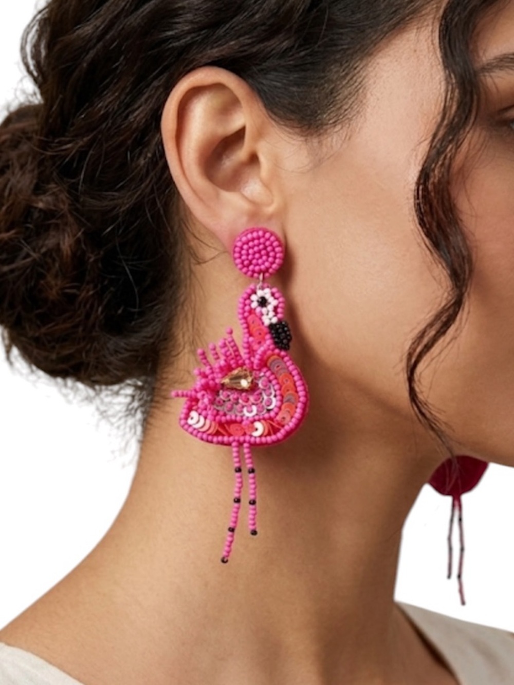 Pink Flamingo Seed Bead Earrings Sequined Statement Tropical Festive Jewelry